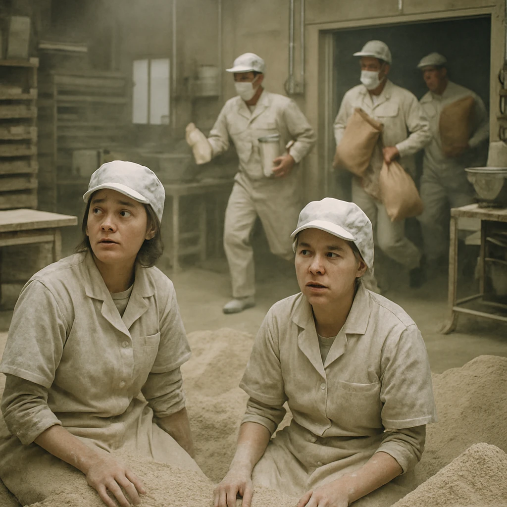 工場内で大量の蕎麦粉が舞い、呆然と座り込む女性社員たちと、育児用品と蕎麦粉を抱えて外へ急ぐ男性社員たちが映る光景。