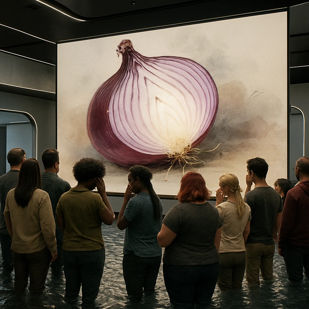 メタバース美術館の展示室でデジタルアバターたちが足元まで水に浸かり、巨大なタマネギの絵を見つめて涙を流している様子の写真。