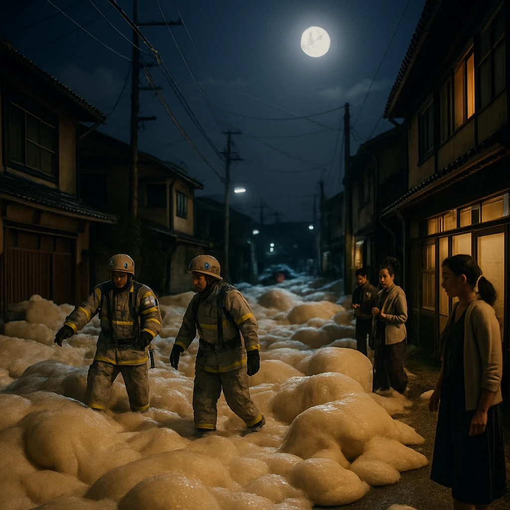 満月の夜、泡立てられたホットケーキ生地が町の道路いっぱいにあふれ、消防士と住民が騒然としている様子の写真。