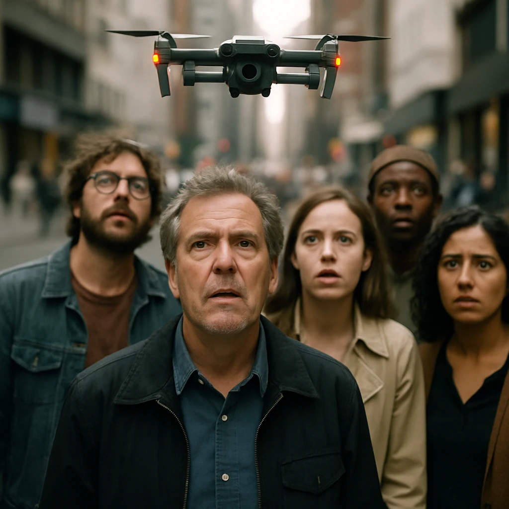 歩道で鼻先の上に小型ドローンが浮かび、困惑して見上げる人々の様子を写した写真。