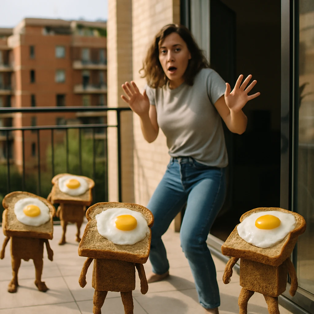 都市のベランダで驚いた女性が室内へ逃げようとする中、脚の生えた目玉焼きトーストが囲んでいる様子のリアルな写真。