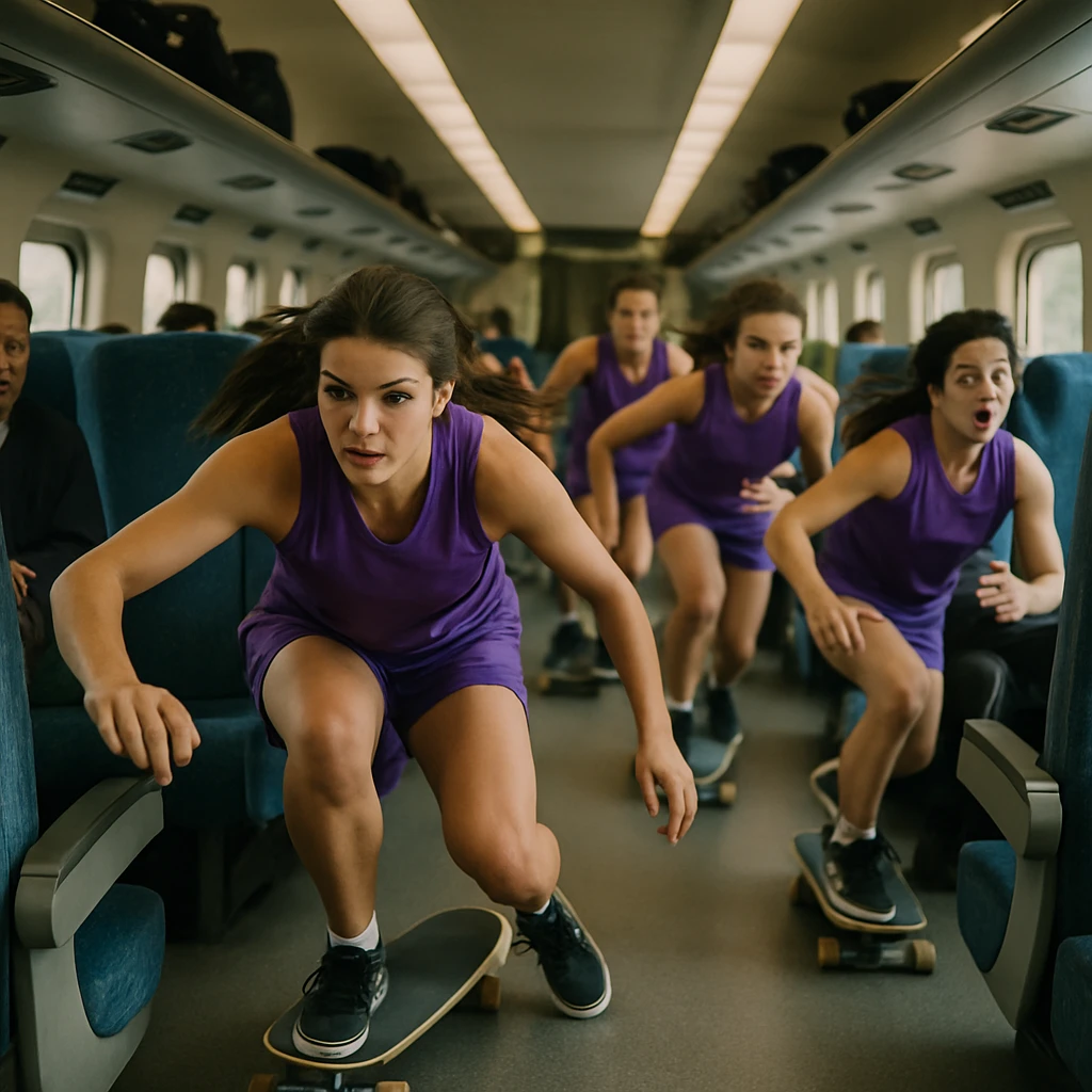 新幹線車内でムラサキ色のウェアを着た女性たちがサーフスケートボードで座席の間を滑走している様子。