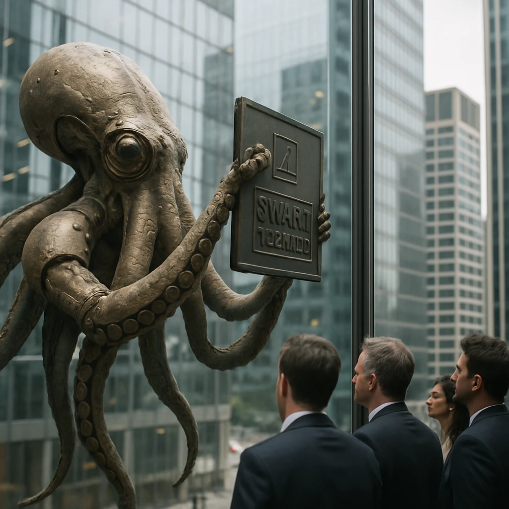 高層ビルの窓に公認盾を吸盤で貼り付けるAIタコと、それを驚いて見つめるスーツ姿のビジネスパーソンたちの様子。