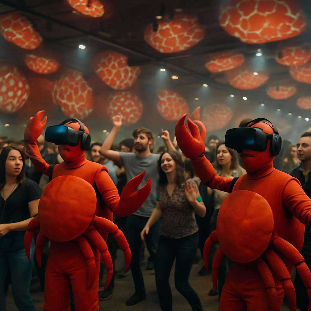 巨大な室内アリーナでLEDの蟹柄が投影され、蟹を模したVRアバターや驚く参加者が混在する熱気あるイベント風景。