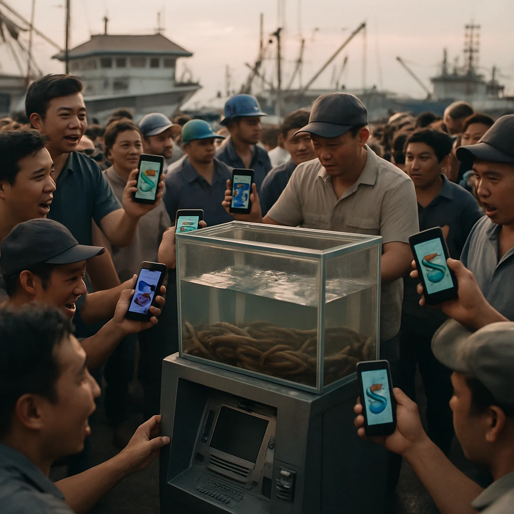 早朝の港でデジタルうなぎNFTを表示するスマートフォンを持った人々と、水槽型ATMの周囲に集まる人混みの様子。