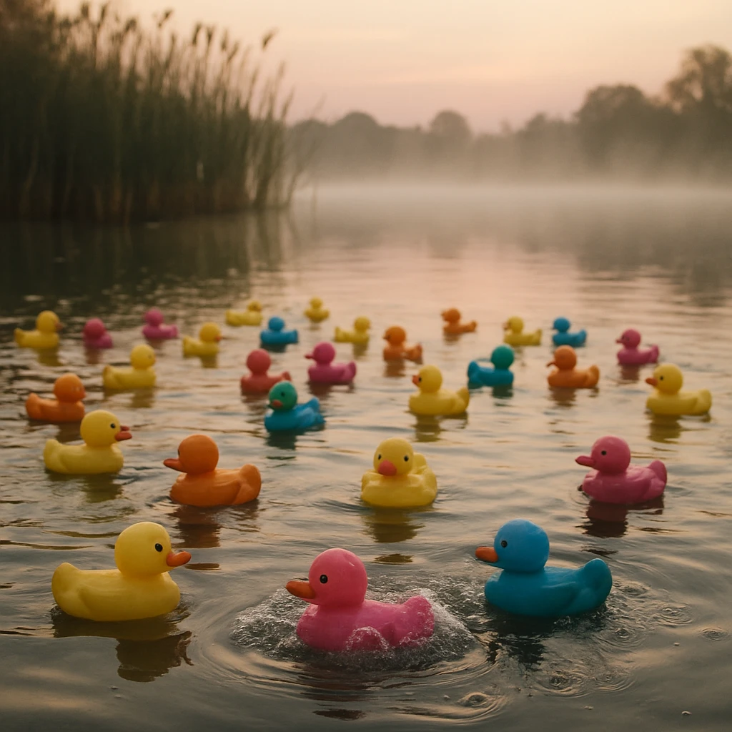 早朝の湿地帯でカラフルなプラスチック製アヒルが水面に浮かび、泡を出しながら回転している写真。