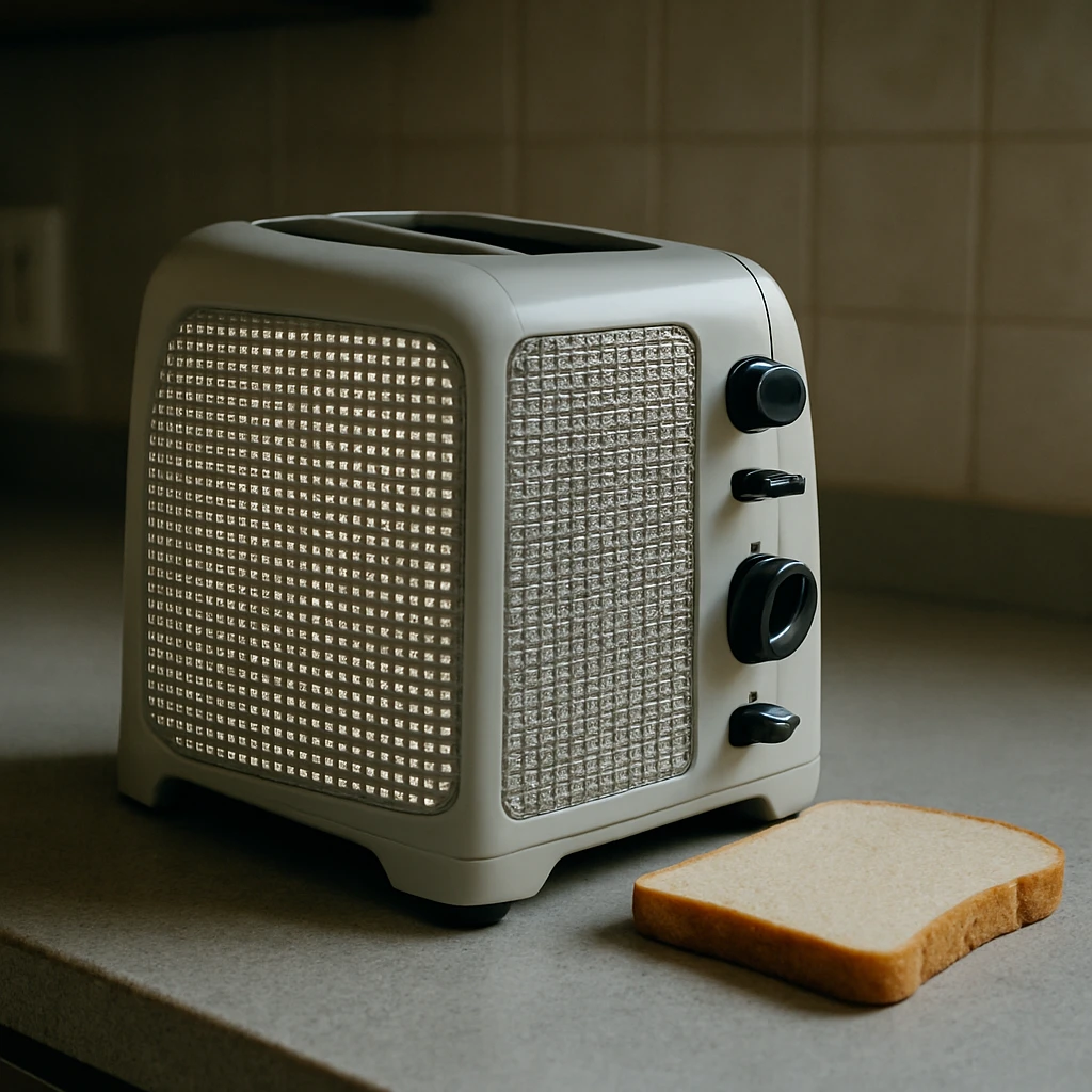 大量のボタンが並んだ奇抜なトースターがキッチンのカウンターに置かれ、その横に焼かれていないパンが一枚添えられている写真。