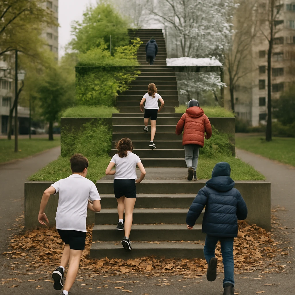 四季が縦に積み重なる公園で、体操服とダウンジャケットを着た子どもたちが階段を駆け上がっている実写写真。