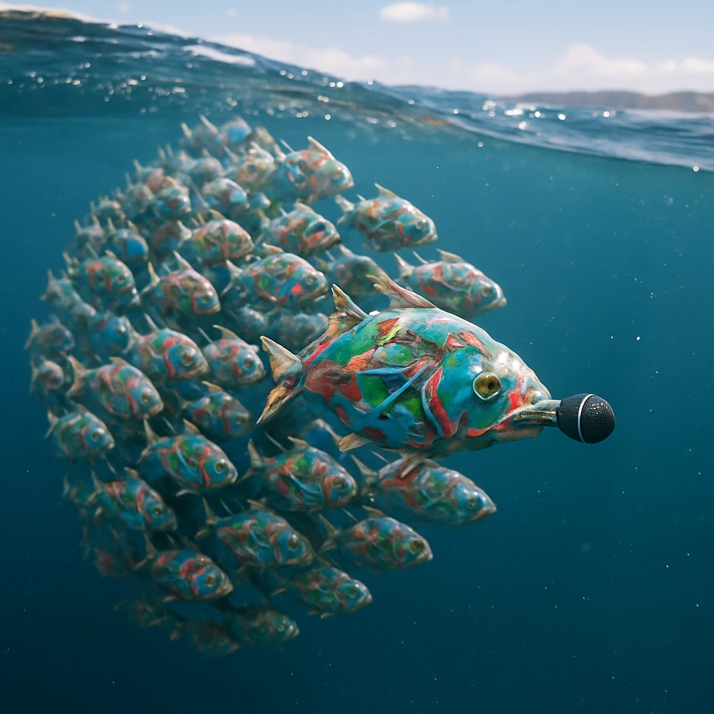 太平洋の海面下をピラミッド型で泳ぐ虹色のプラスチックごみでできた魚の大群の写真。