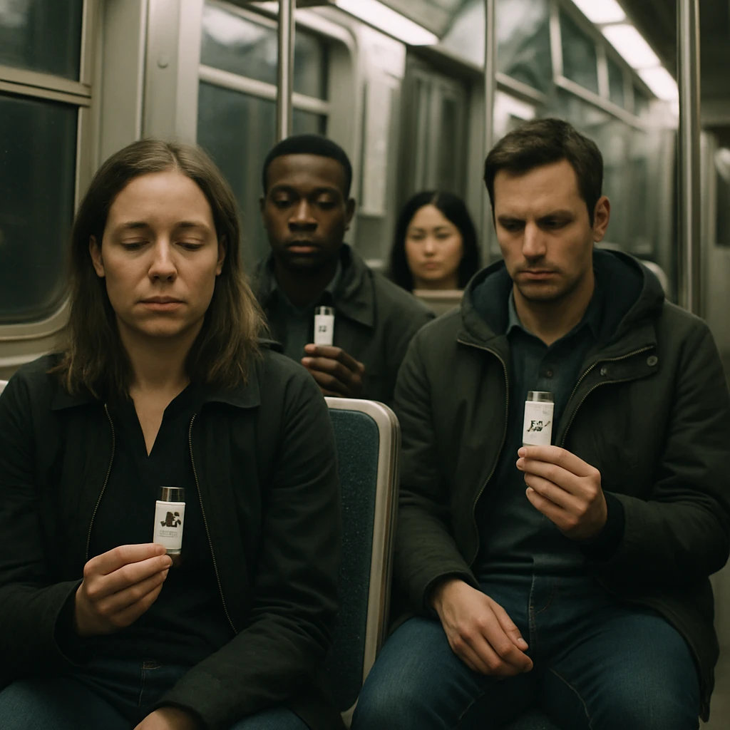 深夜の都市の地下鉄車両で、乗客が無言でUSBメモリを手にして静かに座っている様子。