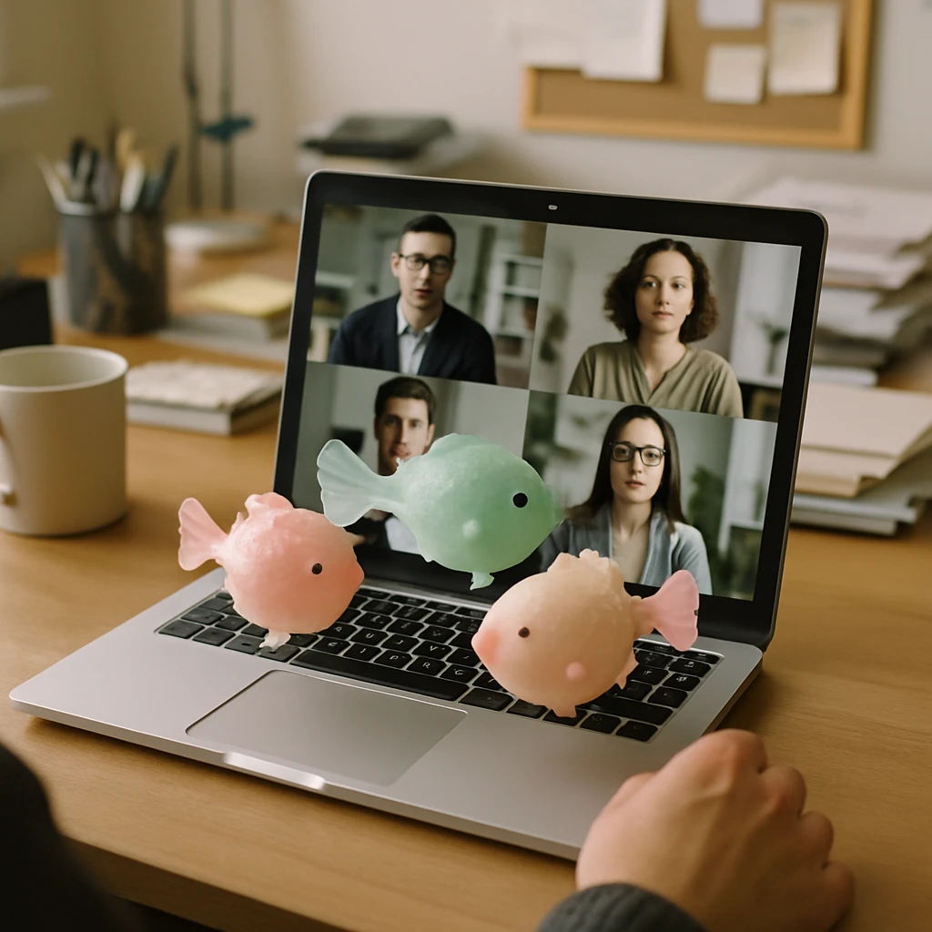 リモートワーク中のデスク上でラップトップを前にパステルカラーのフグ型生物が実体化して浮かんでいる場面。