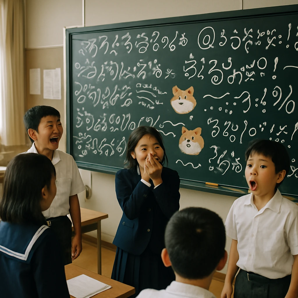 日本の小学校の教室で、児童たちが巨大なデジタル黒板に映し出された多数のメッセージとハムスター型アバターを驚いて見ている写真。