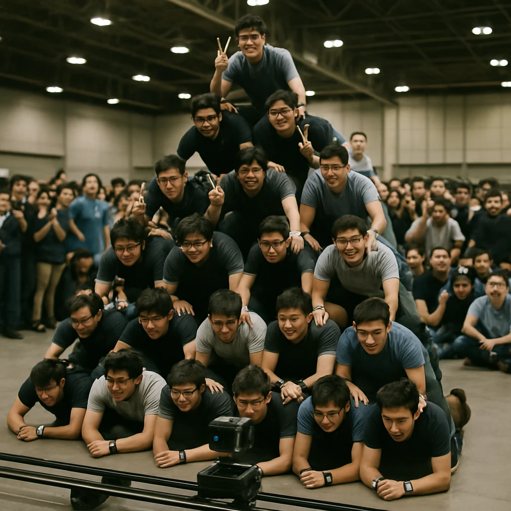 イベント会場内でファンたちがリストバンドを着けて人間ピラミッド状に積み上げられ、カメラロボットが横を通過している様子の実写風写真。