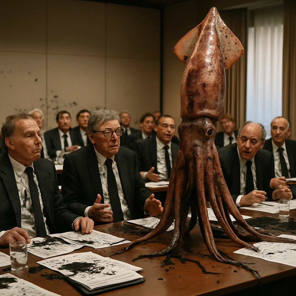 株主総会の会場で、スーツ姿の取締役たちが黒い墨汁を浴び、壇上には巨大なイカがいる混乱した様子の写真。