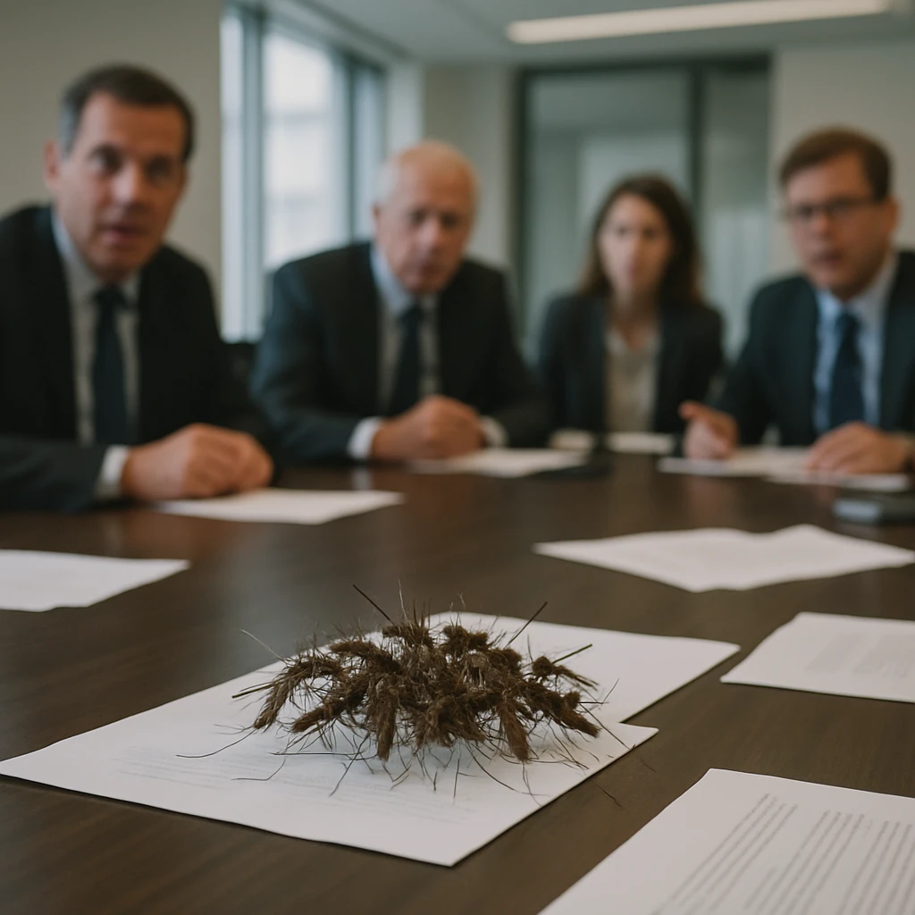 会議室のテーブルに大量の蚊が集まり、人間の担当者たちが戸惑いながら見守る様子の写真。