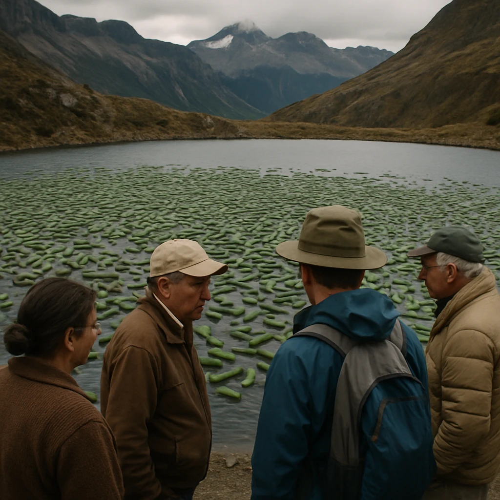 山の頂上にある巨大な池に大量のキュウリが浮かび、岸辺で住民や観光客が困惑した様子で立っている写真。