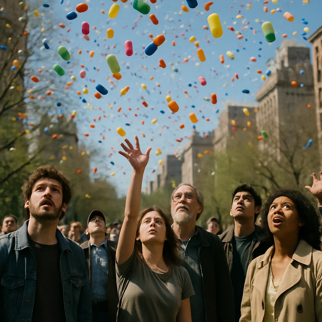 青空にカラフルなカプセル型風船が大量に浮かび、市街地の公園で人々がそれを見上げている場面。