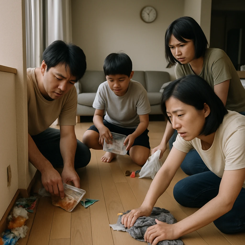 家族がリビングの壁や床の隙間にごみを詰め込んでいる様子の写真。