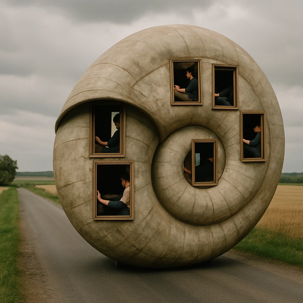 巨大な巻き貝型のシェアハウスが田舎道を移動し、窓から住人たちが足で内壁を踏んでいる様子が写された写真。