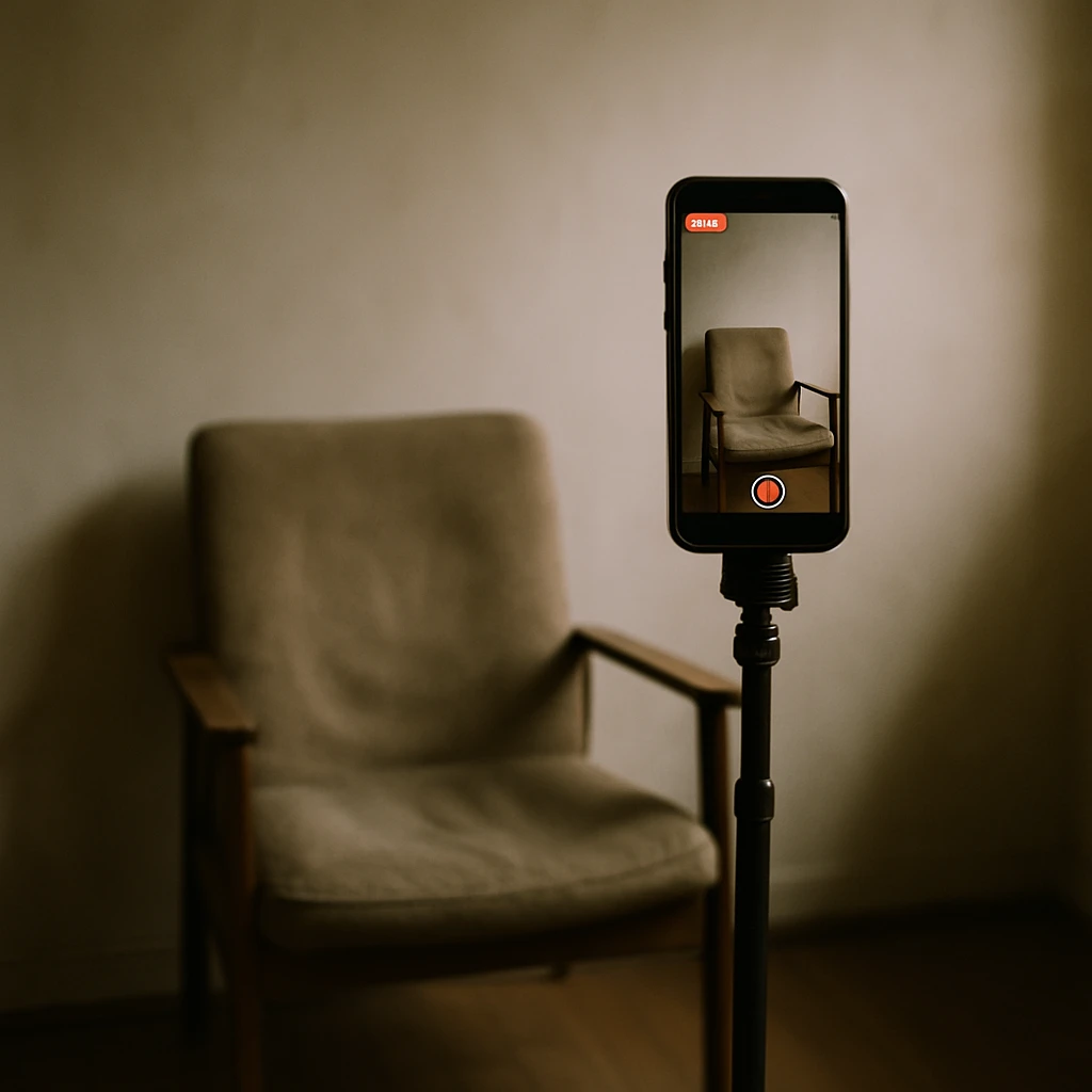 無人の部屋で椅子がわずかに動き、スマートフォンが自撮り棒にセットされてライブ配信されている様子。