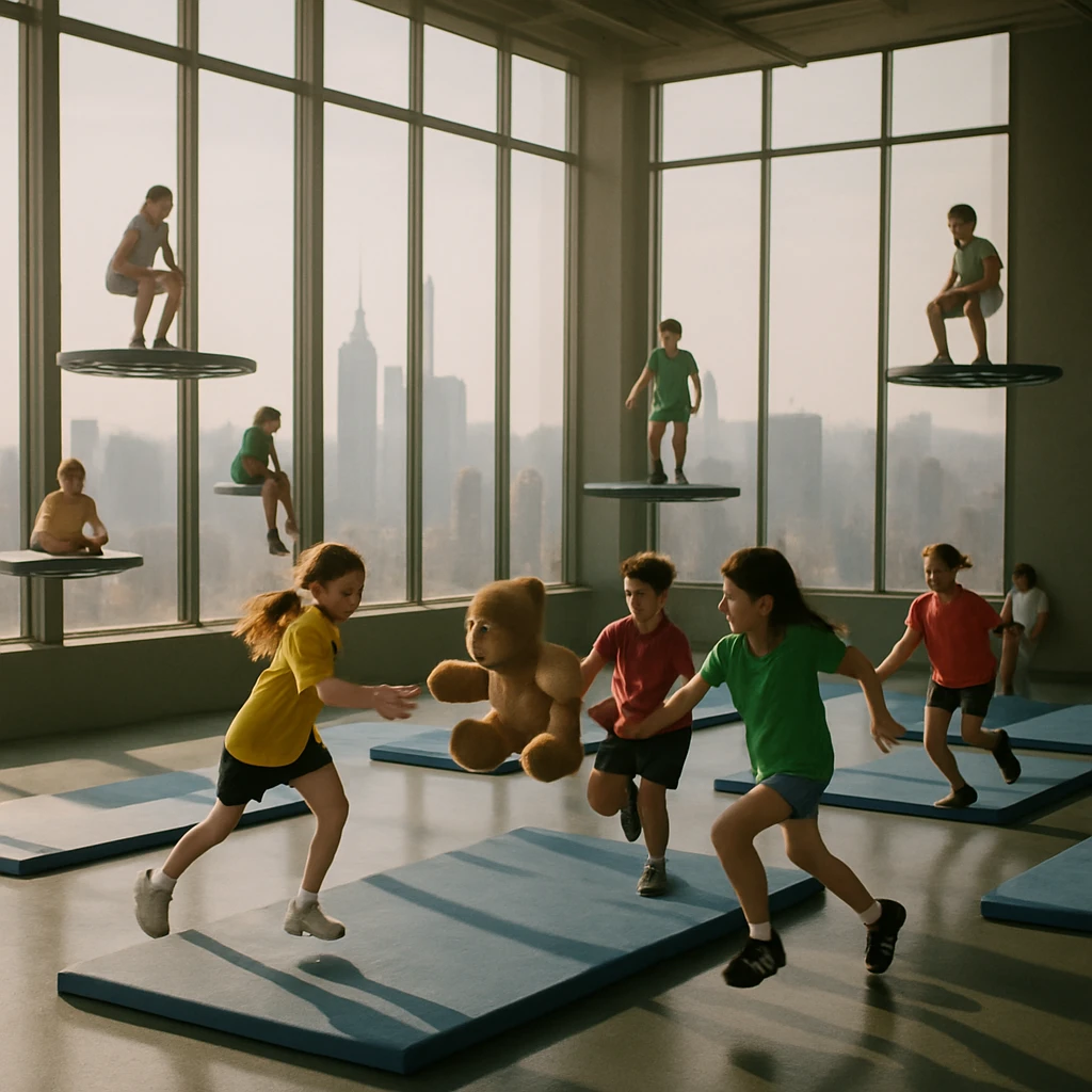 空中に浮かぶ体育館の中で、子どもたちがぬいぐるみを追いかけながらスポーツを楽しむ様子。