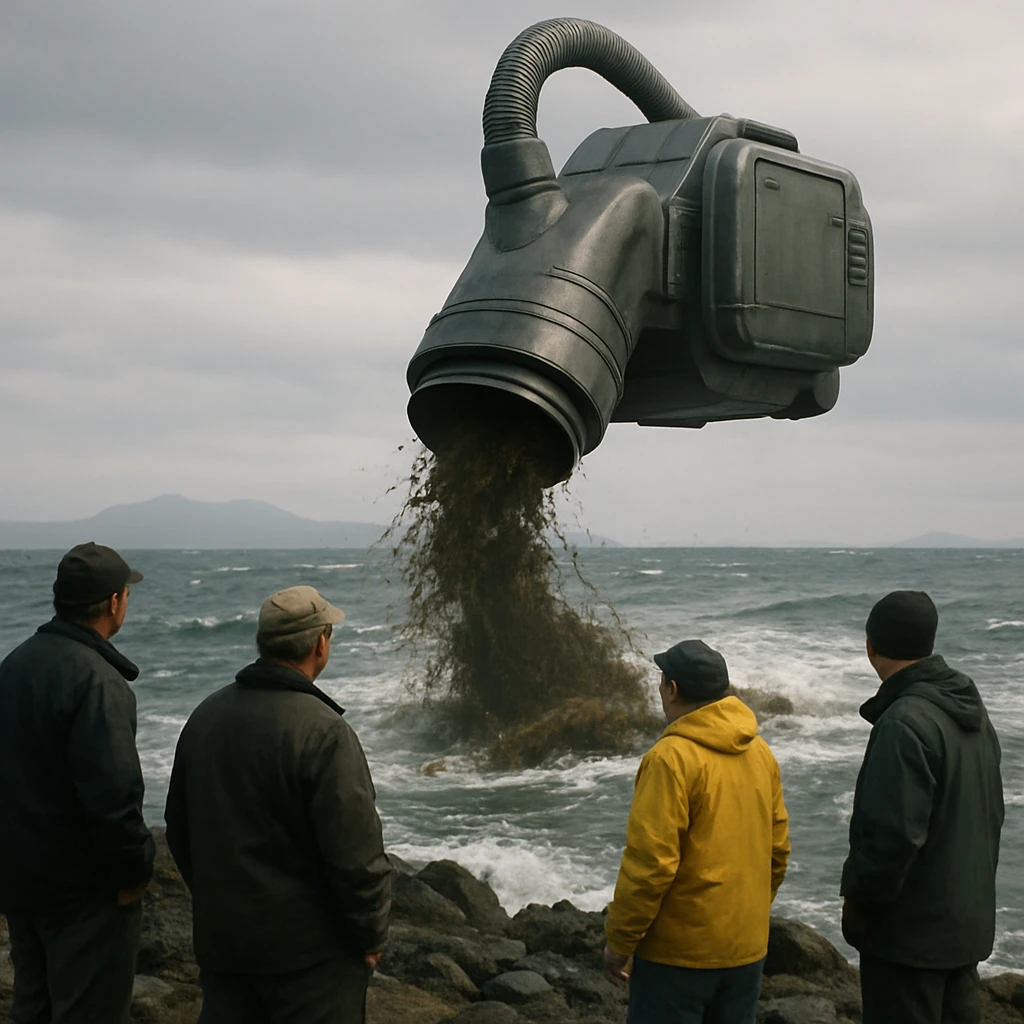 津軽海峡の海上に巨大な掃除機型の機械が浮かび、海藻を吸い込む様子を岸から漁師と環境保護活動家が驚いて見ている写真。