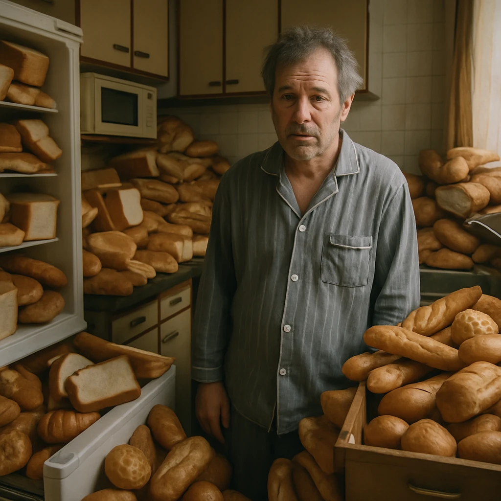 簡素な家庭の台所にパンが大量にあふれ、困惑した中年男性が混乱の中に立っている実写風写真。