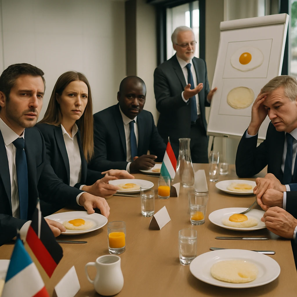 国際会議室でスーツ姿の経営者たちが目玉焼きの異なる焼き加減を前に困惑した表情を見せている写真。