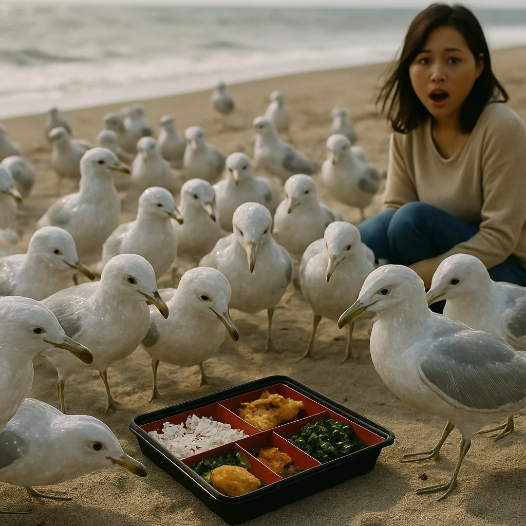 砂浜に座る女性の近くで、プラスチック風の羽を持つカモメの大群が駅弁に群がっている様子の写真。