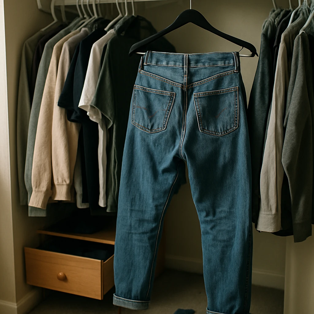 クローゼットの中にビンテージデニムや様々な衣類が雑然と並んでいる様子の写真。