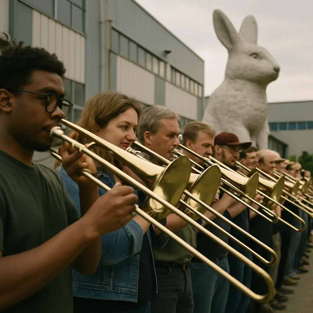 工場前に立つ多国籍のトロンボーン奏者たちが一斉に楽器を構える様子を、巨大な石英ウサギ像を背景に撮影した実写写真です。