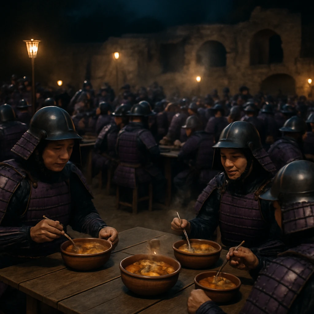 発掘された石造りの遺跡の前で、紫色の甲冑姿の人々が縄文風土器の料理を囲んで集う夜の野外イベントの様子。