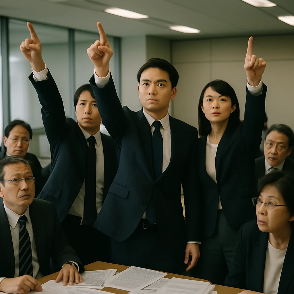 若手政治家たちが現代的な会議室で空中を指差している様子と、戸惑う高齢議員たちが周囲にいる光景。