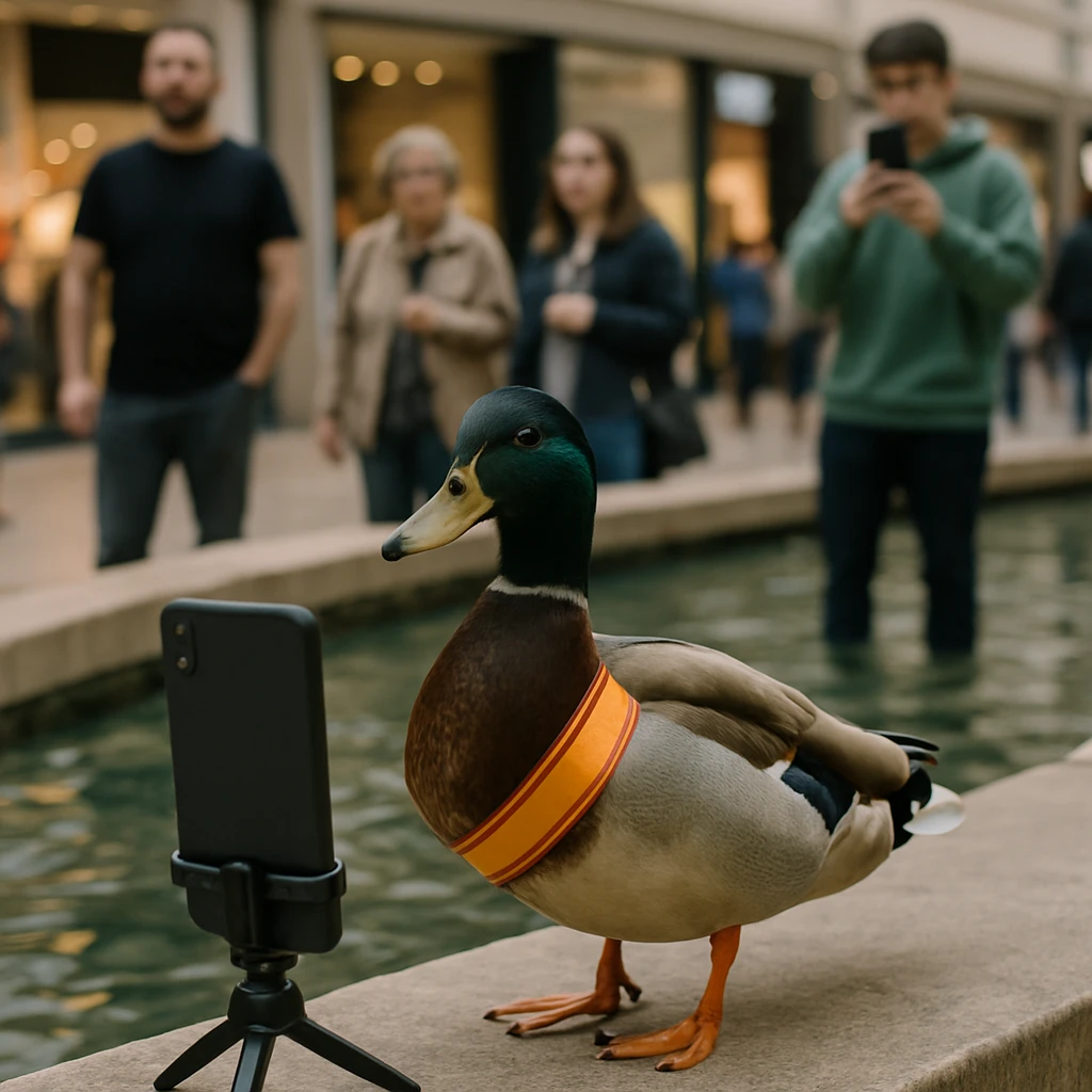 ショッピングモールの人工池のそばで小さなプロモーションタスキをかけて立つカモと、その様子をスマートフォンや周囲で撮影する人々の様子。