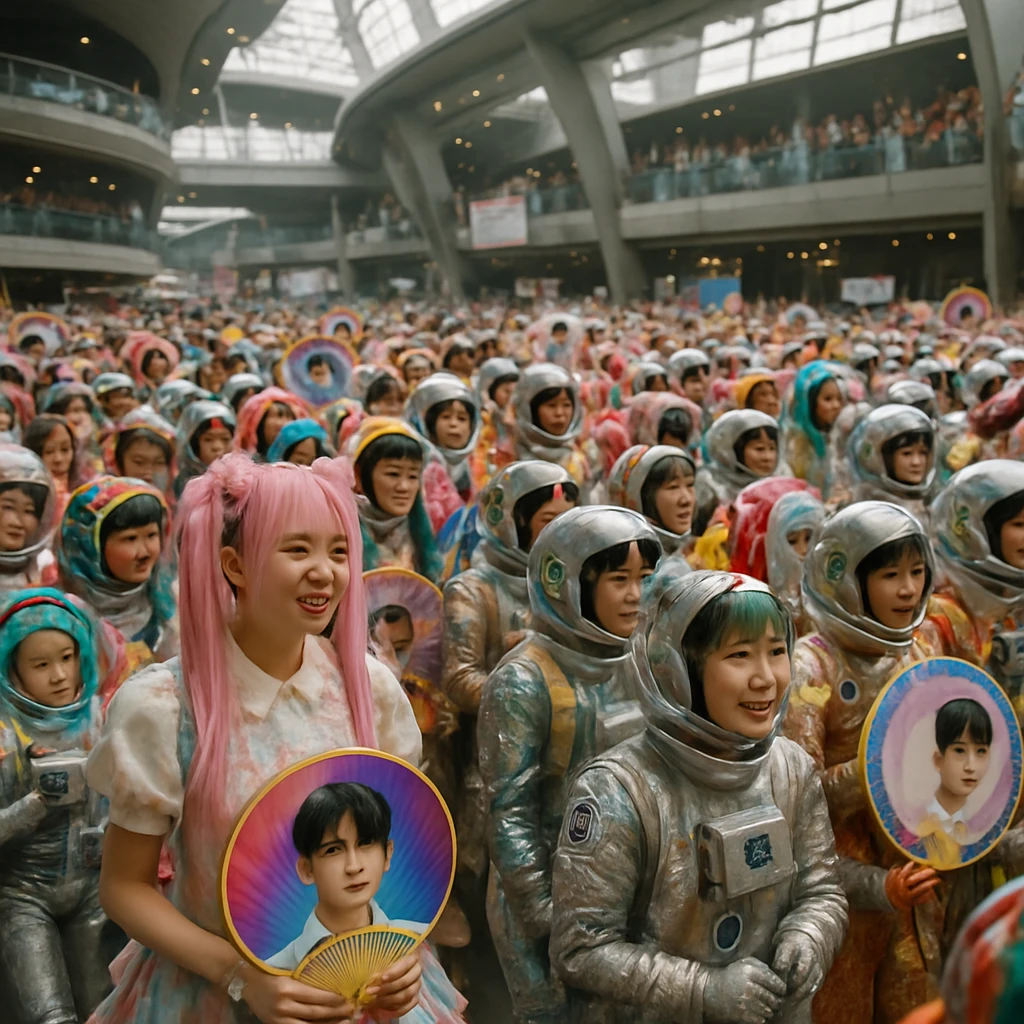 カラフルな原宿ファッションとラメ入り宇宙服姿の若者たちが巨大なうちわを手に宇宙港の広場を埋め尽くしている光景。