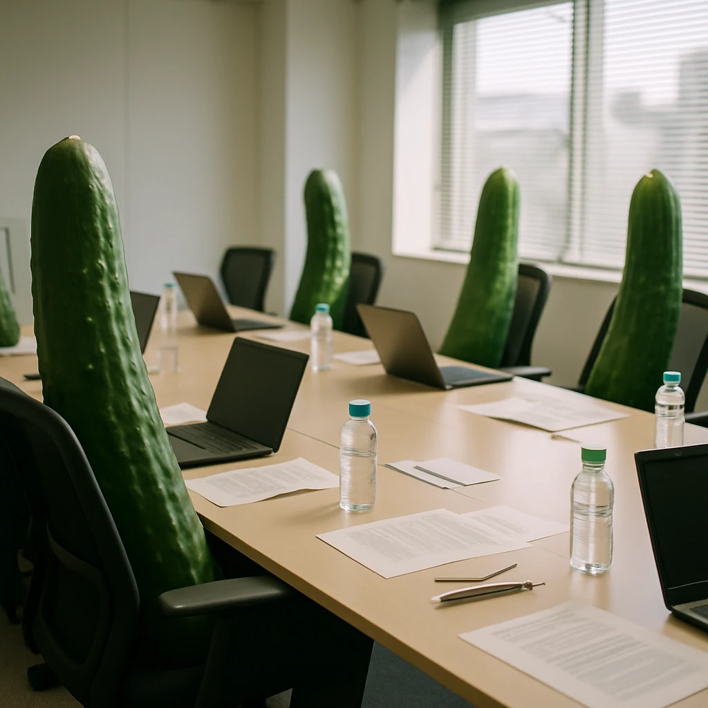 オフィスの会議室で椅子に座ったいくつものキュウリがテーブルを囲む様子の写真。