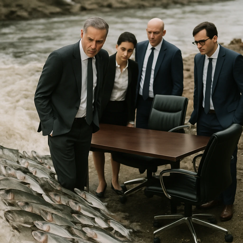スーツ姿の取締役や多くの鮭が川沿いで会議テーブルごと遡上しようとしている様子の写真。