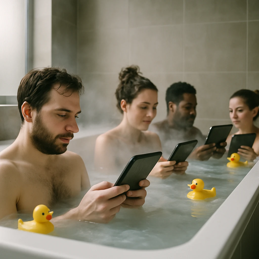 大きな浴槽で湯気に包まれた人々が防水タブレットを操作し、アヒルのシリコン製センサーも浮かんでいる様子の写真。