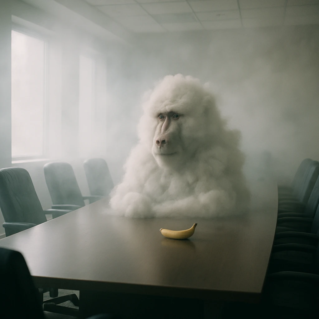 霧が立ち込めた会議室の中央に雲でできたヒヒが座り、テーブルにバナナが置かれている様子のリアルな写真。