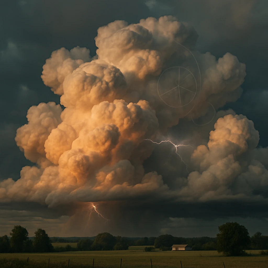 カラフルで表情豊かな積乱雲が田園風景の上空に集まり、雲の中には円グラフや数式のような模様が薄く浮かび、稲妻が瞬いている様子。