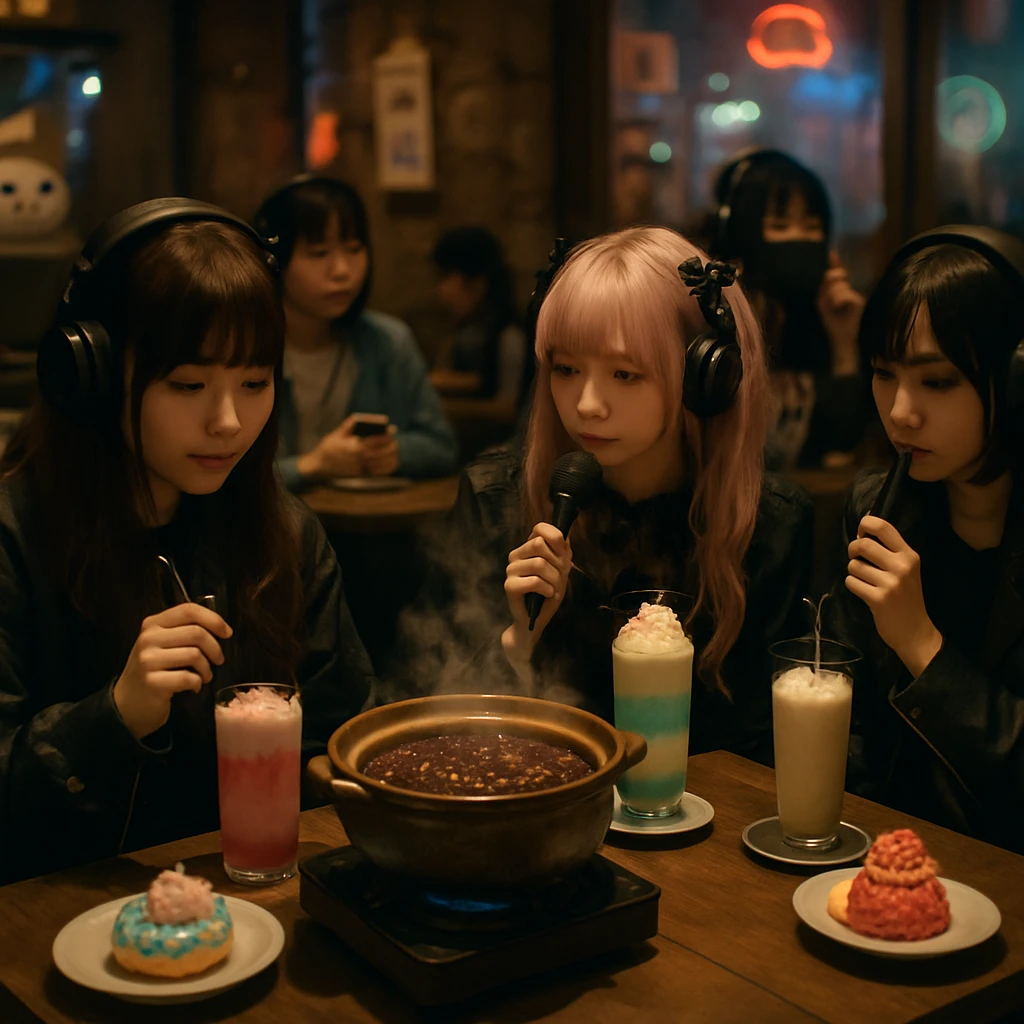 ASMR喫茶の店内で若者たちがヘッドホンを着け、ぜんざい鍋やカラフルなスイーツを楽しんでいる様子の実写写真。
