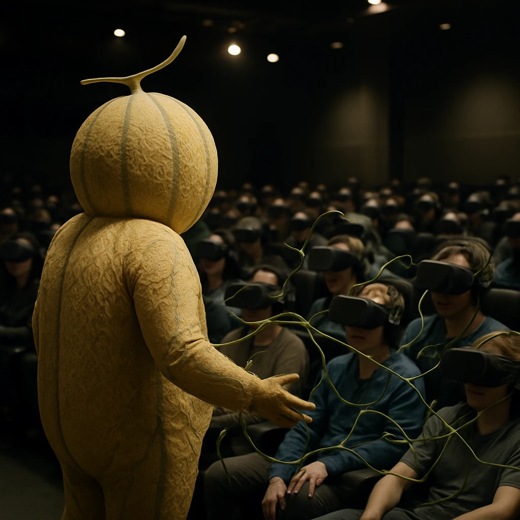 舞台上のリアルなメロンの衣装を着た俳優から伸びる蔓が観客席のアバターに絡みつく仮想劇場の一場面。