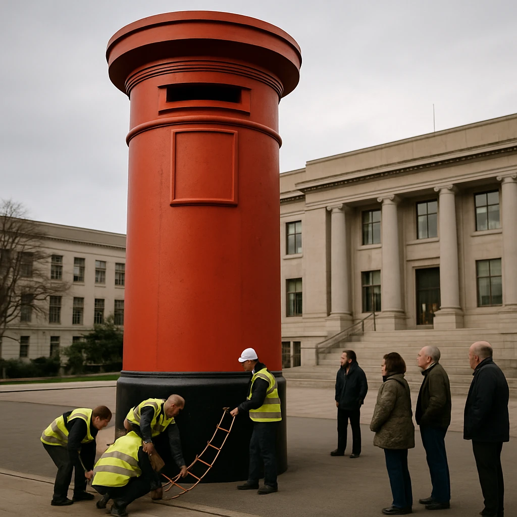 地方庁舎前に設置された巨大な赤い郵便ポストと、それを見上げる地元住民や作業をするボランティアたちの様子。