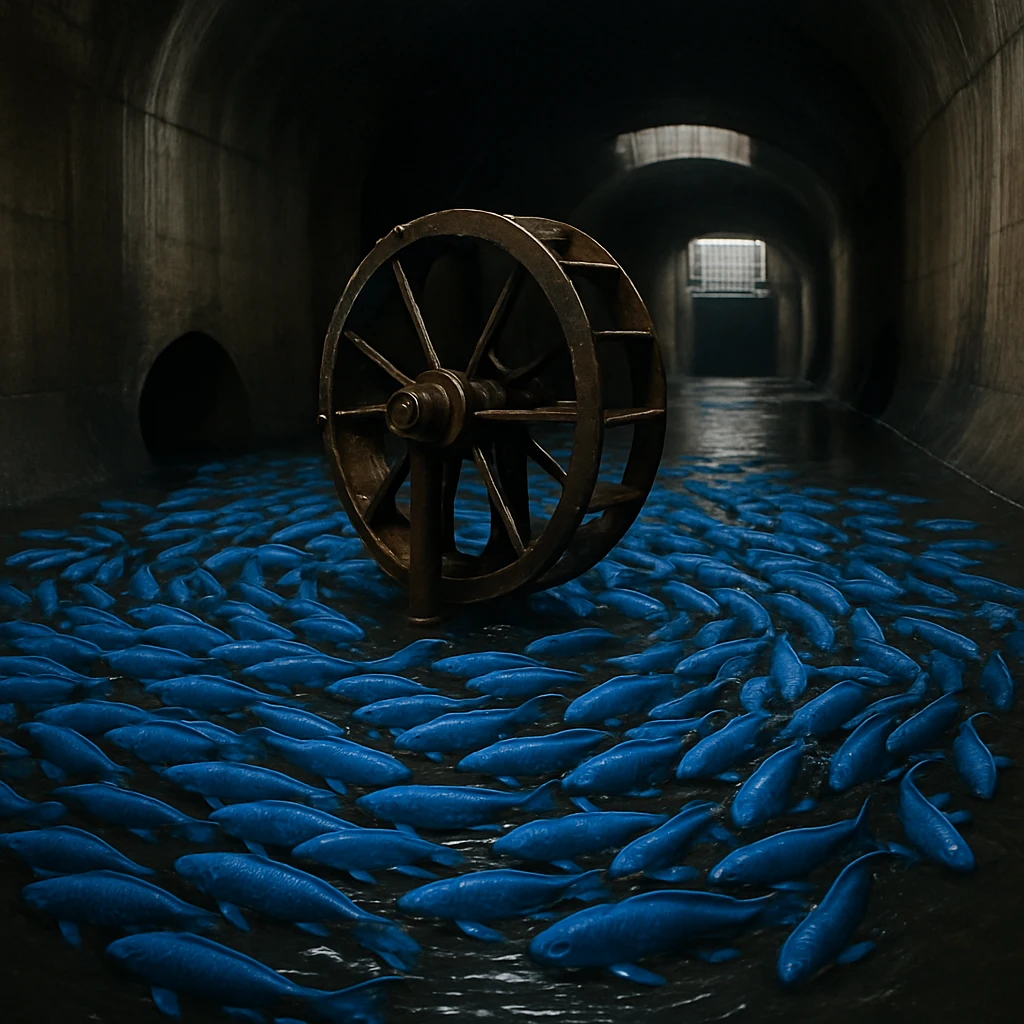 薄暗い地下排水路で青い鯉の大群が水車の周りに螺旋状に集まっている様子の写真。