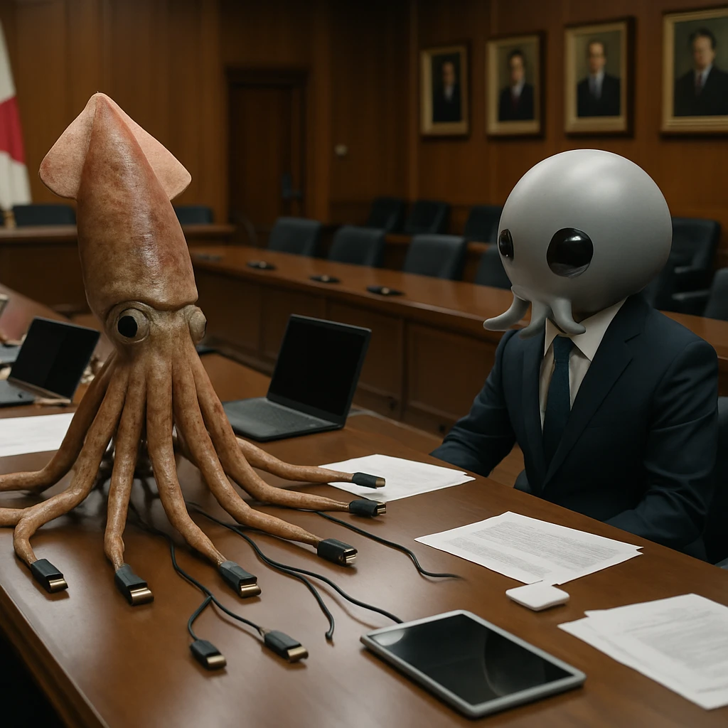 会議室のテーブル越しにスーツを着たタコ型AIとUSB端子付きイカ型ロボット職員が向かい合う光景。