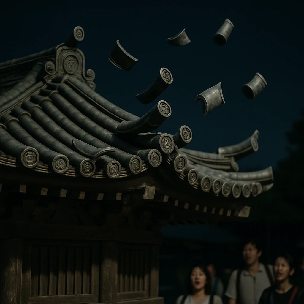 天音寺の本堂屋根が夜の月明かりの中で不思議に傾き、観光客が驚いた様子で見上げている写真。