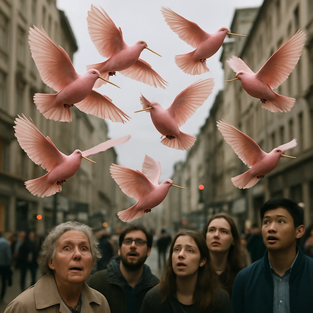 都心の上空を歯ようじをくわえたピンク色の鳩の群れが飛んでいる実写風の光景。