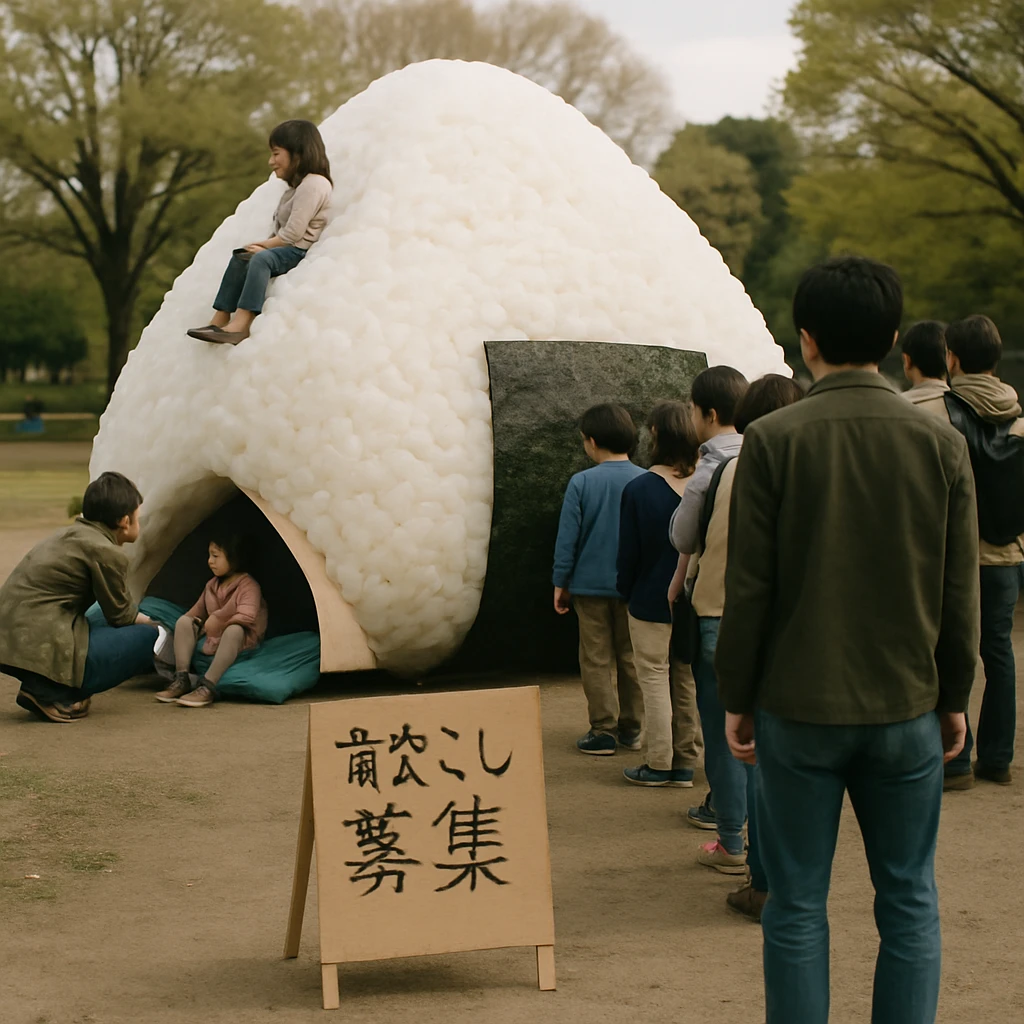公園に巨大なおにぎりがあり、さまざまな年齢層の人々が周囲や仮設住居で交流・休憩している様子のリアルな写真。
