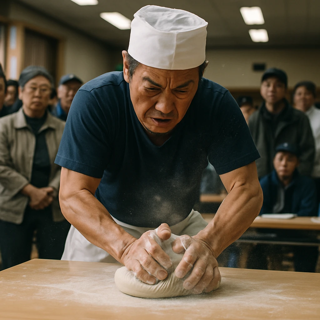 そば打ち大会で中年のそば職人が真剣な表情でそば粉を力強くこねている様子の写真。