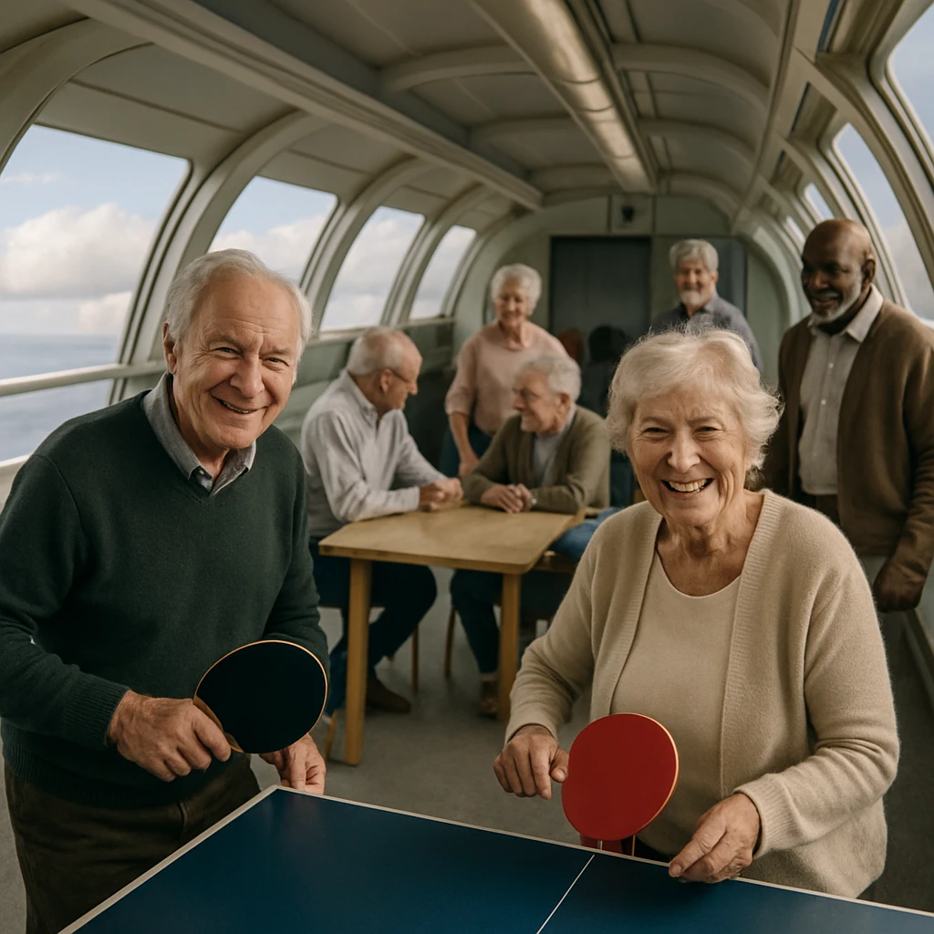 巨大な飛行船の窓越しに雲が見え、高齢者たちが卓球や会話を楽しむ様子が写った写真です。